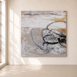 Cuadro abstracto Copenhague pintado a mano en tonos beige, blanco roto, gris, negro y arena con trazos gestuales y texturas modernas. Obra contemporánea ideal para decorar salones, comedores y dormitorios elegantes.