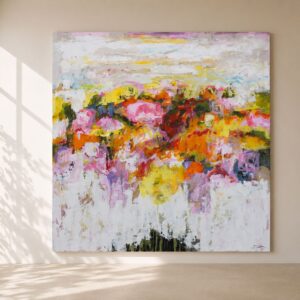 Cuadro abstracto Floración pintado a mano con tonos rosa, amarillo, naranja, blanco y verde, ideal para decorar salones modernos, luminosos y llenos de color.
