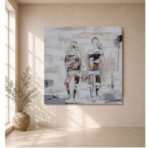 Cuadro figurativo pintado a mano de una pareja en tonos beige, blanco y gris con detalles abstractos, ideal para decorar salones modernos, minimalistas y de estilo Wabi-Sabi.
