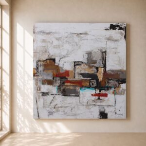 Cuadro abstracto Munich pintado a mano en tonos blanco, beige, gris, negro y terracota, con composición geométrica contemporánea y textura artesanal para decorar salones modernos y elegantes.