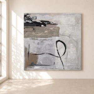 Cuadro abstracto Ondas pintado a mano en tonos blanco, gris, beige y negro con diseño minimalista y texturas, ideal para decorar salones modernos y elegantes.