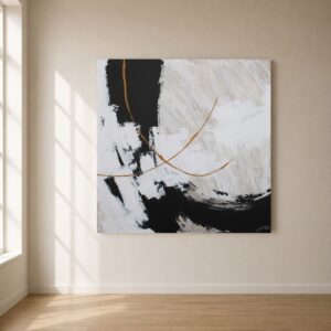 Cuadro abstracto Pamplona pintado a mano en tonos blanco, negro, beige y dorado sobre pared minimalista de estilo moderno.