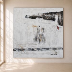 Cuadro abstracto Arco 44 pintado a mano sobre lienzo en tonos blanco, gris, negro y detalles tierra con pequeños acentos en rojo. Obra de arte contemporáneo con texturas y acabados artesanales, ideal para decorar salones, comedores, dormitorios, recibidores y oficinas modernas. Pintado artesanalmente en España por HOME ORIGINAL, listo para colgar con marco de madera y certificado de autenticidad. Perfecto para interiores de estilo minimalista, Japandi, Wabi-Sabi, nórdico o contemporáneo.