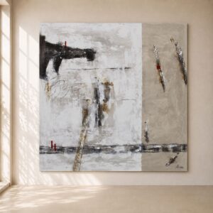 Cuadro abstracto Arco 45 pintado a mano sobre lienzo en tonos blanco, gris, negro y beige con pequeños detalles en rojo. Obra de arte contemporáneo de estilo minimalista con texturas artesanales, ideal para decorar salones, comedores, dormitorios, recibidores y oficinas modernas.