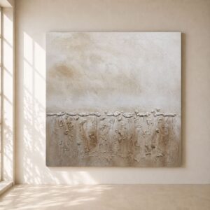 Cuadro abstracto cuadrado Arco 78 pintado a mano en tonos beige, blanco y arena con textura artesanal para decoración de salones modernos, mediterráneos y estilo wabi sabi.