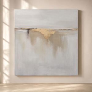 Cuadro abstracto minimalista en tonos beige, gris perla y dorado con textura suave y composición horizontal elegante, ideal para decoración moderna, nórdica y contemporánea.