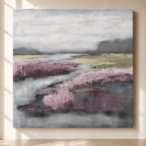 Cuadro paisaje abstracto en tonos rosa, gris y verde suave con textura artística y efecto contemporáneo. Pintura decorativa moderna sobre lienzo ideal para salón, dormitorio y espacios de estilo nórdico.