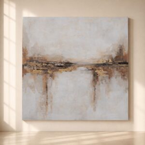 Cuadro abstracto en tonos beige, arena y dorado con efecto paisaje contemporáneo, ideal para decoración moderna, nórdica y elegante en salón o dormitorio.