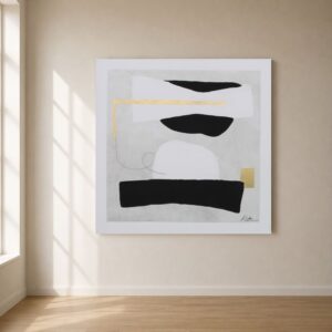 Cuadro abstracto Coloso pintado a mano sobre lienzo en tonos blanco, negro, gris y detalles en pan de oro. Obra de arte contemporáneo de estilo minimalista con texturas y composición geométrica, ideal para decorar salones, comedores, dormitorios o recibidores modernos. Pintado artesanalmente en España por HOME ORIGINAL, listo para colgar con marco de madera y certificado de autenticidad. Perfecto para interiores de estilo Japandi, Wabi-Sabi, nórdico o minimalista.