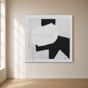 Cuadro abstracto Coloso II pintado a mano sobre lienzo en tonos blanco, negro y detalles en pan de oro. Obra de arte contemporáneo de estilo minimalista con composición geométrica y texturas artesanales, ideal para decorar salones, comedores, dormitorios, recibidores y oficinas modernas. Pintado artesanalmente en España por HOME ORIGINAL, listo para colgar con marco de madera y certificado de autenticidad. Perfecto para interiores de estilo Japandi, Wabi-Sabi, nórdico, moderno o contemporáneo.