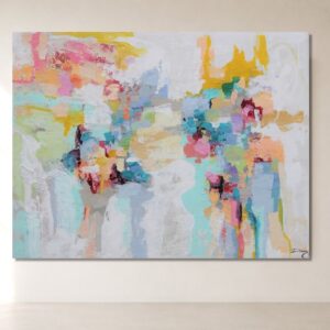 Cuadro abstracto Fuerteventura pintado a mano en tonos turquesa, rosa, amarillo y beige, ideal para decorar salones modernos y luminosos.
