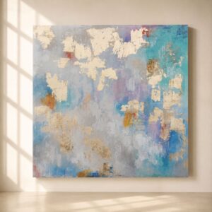 Cuadro abstracto azul y dorado con textura artística sobre lienzo. Obra contemporánea en tonos turquesa, lila y gris para decorar salones modernos, dormitorios elegantes y espacios de estilo nórdico o minimalista.