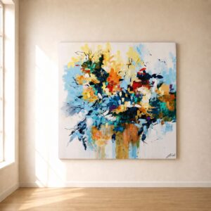 Cuadro abstracto Jardín Botánico pintado a mano con pinceladas en tonos azul, turquesa, amarillo, verde y naranja, ideal para decorar un salón moderno y luminoso.