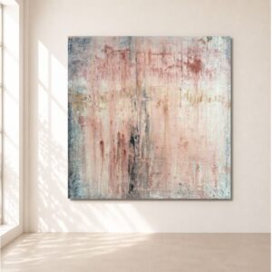 Cuadro abstracto Marea Rosa pintado a mano en tonos rosa empolvado, beige, gris y blanco con textura, ideal para decorar salones modernos, elegantes y luminosos.