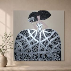 Cuadro Menina A1 pintado a mano sobre lienzo en tonos negro, blanco, gris y beige, ideal para decorar salones modernos y elegantes.