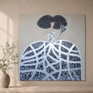 Cuadro Menina A2 pintado a mano sobre lienzo en tonos negro, blanco, gris y beige, ideal para decorar salones modernos y elegantes.