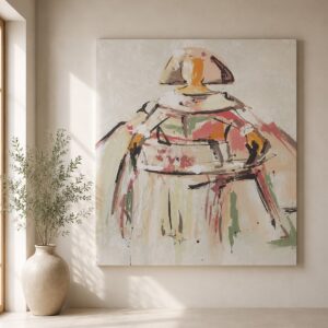 Cuadro Menina pintado a mano sobre lienzo en tonos beige, rosa empolvado, verde salvia y terracota, ideal para decorar salones modernos y elegantes.