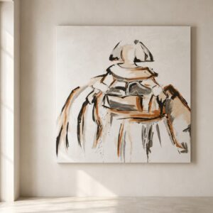 Cuadro Menina abstracta pintado a mano sobre lienzo en tonos beige, terracota, negro y blanco, ideal para decorar salones modernos y elegantes.