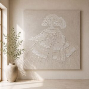 Cuadro Menina blanca en relieve pintado a mano sobre lienzo en tonos beige y blanco, con textura artesanal, ideal para decorar salones modernos y elegantes.