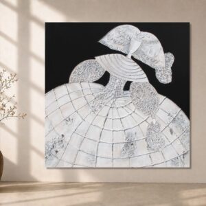 Cuadro Menina negra pintado a mano sobre lienzo con relieve en tonos blanco, negro y gris, ideal para decorar salones modernos y elegantes.