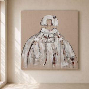 Cuadro Menina Saco pintado a mano sobre lienzo en tonos beige, blanco, gris y burdeos, ideal para decorar salones modernos y elegantes.