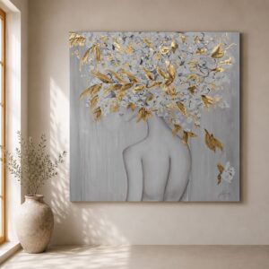 Cuadro Mujer Árbol pintado a mano sobre lienzo con hojas doradas, flores blancas y fondo gris, ideal para decorar salones modernos y elegantes.