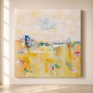Cuadro abstracto amarillo y beige moderno para salón, obra de arte contemporánea en lienzo con colores luminosos para decoración elegante y minimalista.
