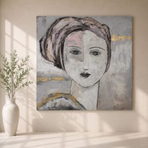 Cuadro Rosalía pintado a mano con retrato femenino abstracto en tonos gris, blanco, rosa empolvado y detalles en pan de oro, decorando un salón moderno con jarrón blanco y planta verde.