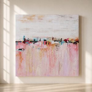 Cuadro abstracto rosa y beige moderno para salón, obra de arte contemporánea en lienzo para decoración elegante y minimalista.