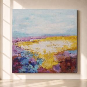 Cuadro abstracto moderno con tonos azul cielo, amarillo mostaza, morado y blanco, inspirado en un paisaje contemporáneo. Obra colorida y luminosa ideal para salón, comedor o decoración moderna.
