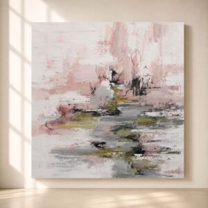 Cuadro abstracto contemporáneo en tonos rosa empolvado, gris y verde oliva. Una obra sofisticada y luminosa perfecta para decorar salones, dormitorios y espacios modernos con estilo elegante y armonioso.