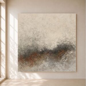 Cuadro abstracto pintado a mano Coral Nacar en tonos beige, arena, gris y óxido, con textura artesanal y estilo minimalista contemporáneo para decorar salones, comedores y dormitorios elegantes.