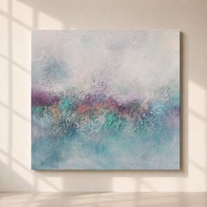 Cuadro abstracto moderno con textura artística en tonos azul turquesa, lila, gris y blanco. Obra contemporánea de estilo elegante y sofisticado, ideal para decoración de salones, dormitorios y espacios minimalistas con inspiración nórdica.