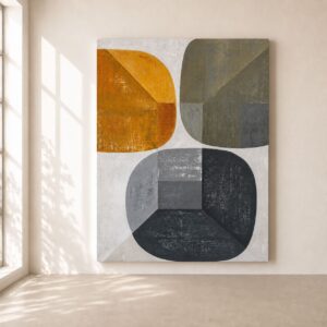 Cuadro abstracto geométrico Marcus pintado a mano con formas redondeadas en tonos mostaza, gris piedra, antracita y blanco. Obra moderna de gran formato para decorar salones, comedores y espacios de estilo contemporáneo.