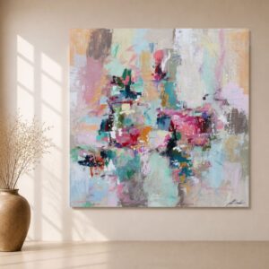 Cuadro abstracto Pink Panter pintado a mano en tonos rosa, turquesa, beige y gris para decoración moderna