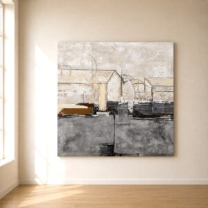 Cuadro Arquitectura abstracto pintado a mano en tonos gris, beige, blanco y negro sobre pared minimalista de estilo contemporáneo.