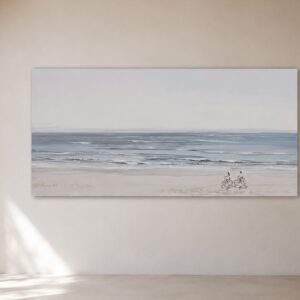 Cuadro de playa Paseo de Verano Azul pintado a mano en salón mediterráneo de estilo Wabi-Sabi con decoración minimalista