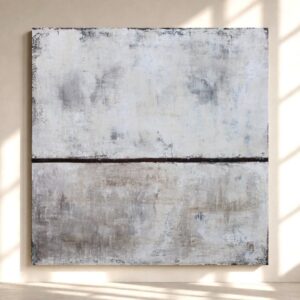 Cuadro abstracto cuadrado Inflexión pintado a mano en tonos blanco, beige, gris y negro con diseño minimalista para salones modernos, mediterráneos y estilo wabi sabi.