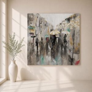Cuadro Toulouse pintado a mano con una escena urbana bajo la lluvia, figuras con paraguas en tonos gris, blanco, negro y detalles en pan de oro, decorando un salón moderno de estilo contemporáneo.