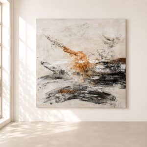 Cuadro abstracto Florencia pintado a mano en tonos beige, negro, gris y terracota con textura, ideal para decorar salones modernos, minimalistas y elegantes.