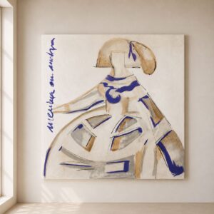 Cuadro Menina azul pintado a mano sobre lienzo en tonos beige, blanco, gris y azul cobalto, ideal para decorar salones modernos y elegantes.
