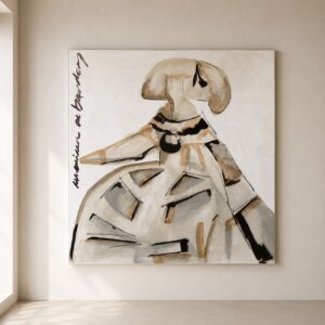 Cuadro Menina pintado a mano sobre lienzo en tonos beige, blanco, gris y rojo burdeos, ideal para decorar salones modernos, elegantes y de estilo mediterráneo.