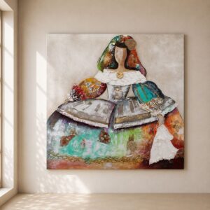 Cuadro Menina Velázquez pintado a mano con textura en relieve, inspirado en el arte contemporáneo español. Obra decorativa en tonos turquesa, blanco, gris, dorado, naranja y verde, ideal para salones modernos y elegantes.