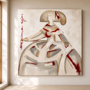 Cuadro Menina roja pintado a mano sobre lienzo en tonos blanco, beige, gris y rojo, ideal para decorar salones modernos con estilo contemporáneo.