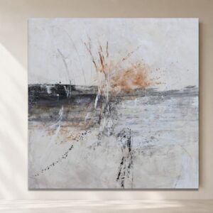 Cuadro abstracto grande en colores beige con luz natural, obra pintada a mano en tonos neutros, gris y terracota para decoración minimalista.