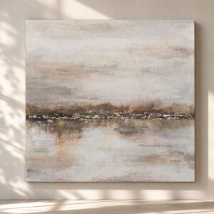 uadro abstracto contemporáneo en tonos beige, gris perla, arena y tierra, con una composición horizontal que evoca un paisaje reflejado sobre el agua. La obra presenta texturas suaves, pinceladas difuminadas y detalles luminosos que aportan profundidad y serenidad. Ideal para decoración de salones modernos, dormitorios elegantes y espacios de estilo nórdico, minimalista o contemporáneo.