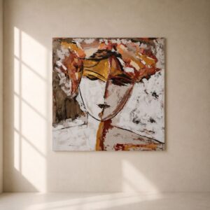 Cuadro Candela Otoñal pintado a mano con retrato femenino abstracto en tonos tierra, blanco, terracota y ocre, colocado sobre una pared beige de estilo minimalista y contemporáneo.