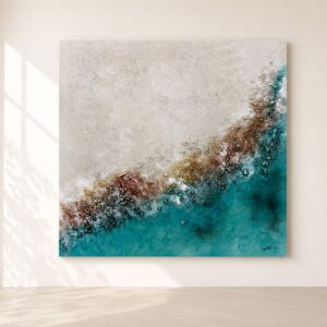Cuadro abstracto Tulum pintado a mano en tonos turquesa, arena, blanco y tierra con textura, inspirado en la costa del Caribe y perfecto para salones modernos.