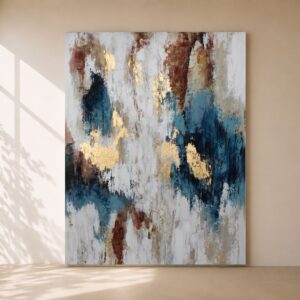 Cuadro abstracto Saona pintado a mano en tonos azul petróleo, blanco, beige, tierra y dorado con texturas, ideal para decorar salones modernos y elegantes.