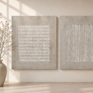 Díptico de cuadros abstractos minimalistas en tonos beige y blanco con texturas en relieve geométricas, exhibidos sobre una pared cálida de estilo escandinavo. La composición se complementa con un jarrón blanco de cerámica y ramas decorativas, creando una atmósfera elegante, luminosa y contemporánea para decoración de interiores.